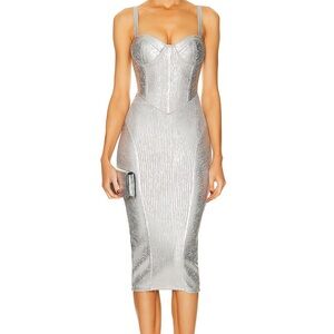 Retrofete Metallic Silver Ribbed Pencil Dress